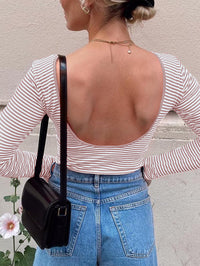 Autumn Winter Top Women Clothing Striped Contrast Color Back Exposed Long Sleeved T shirt