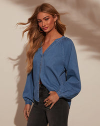 Casual Loose V-Neck Washed Denim Long-Sleeved Top
