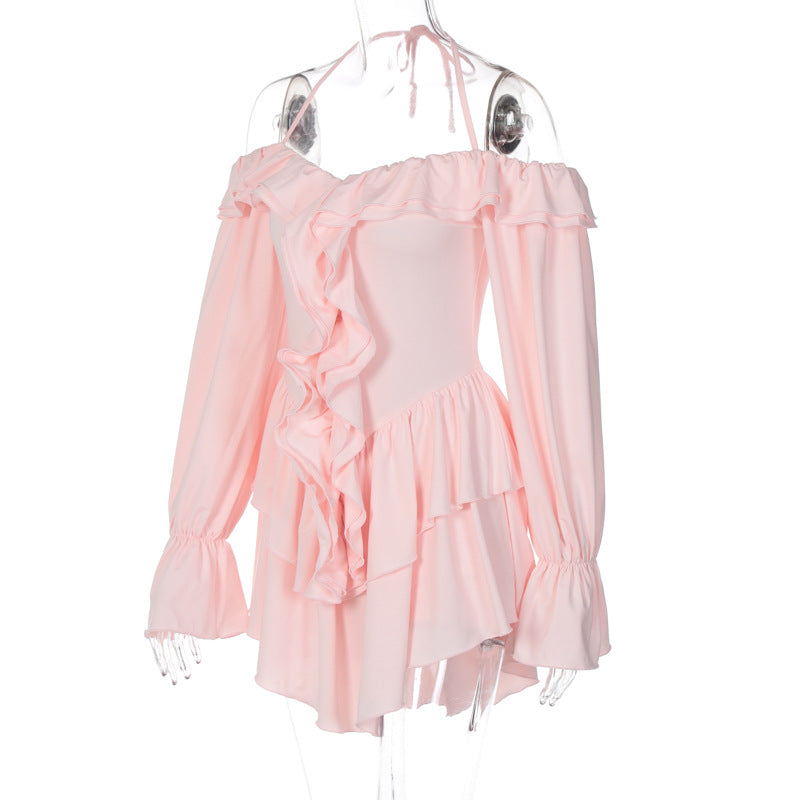 Backless Ruffled Halter Long Sleeve Romper