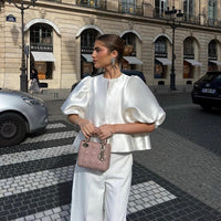 Satin Puff Sleeve Loose White Top
