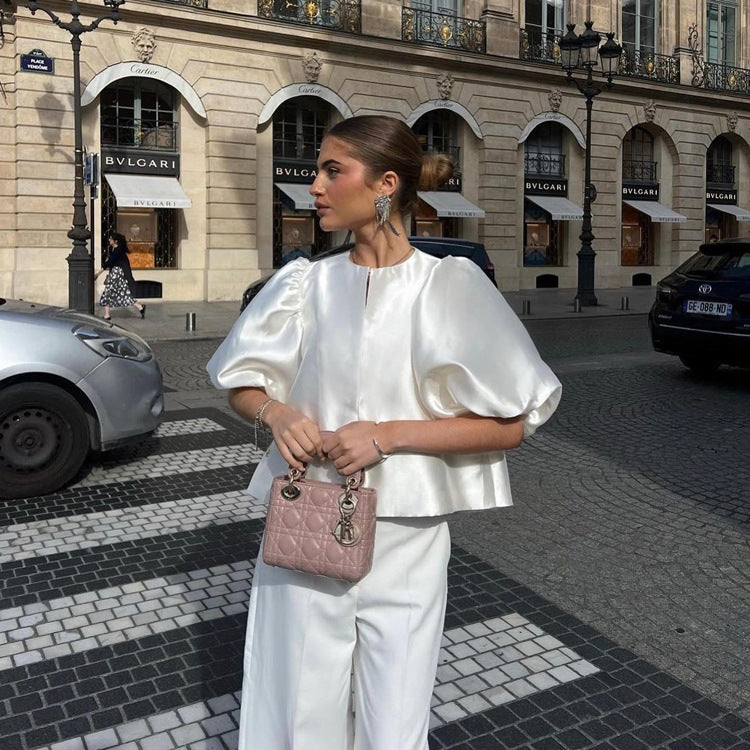 Satin Puff Sleeve Loose White Top
