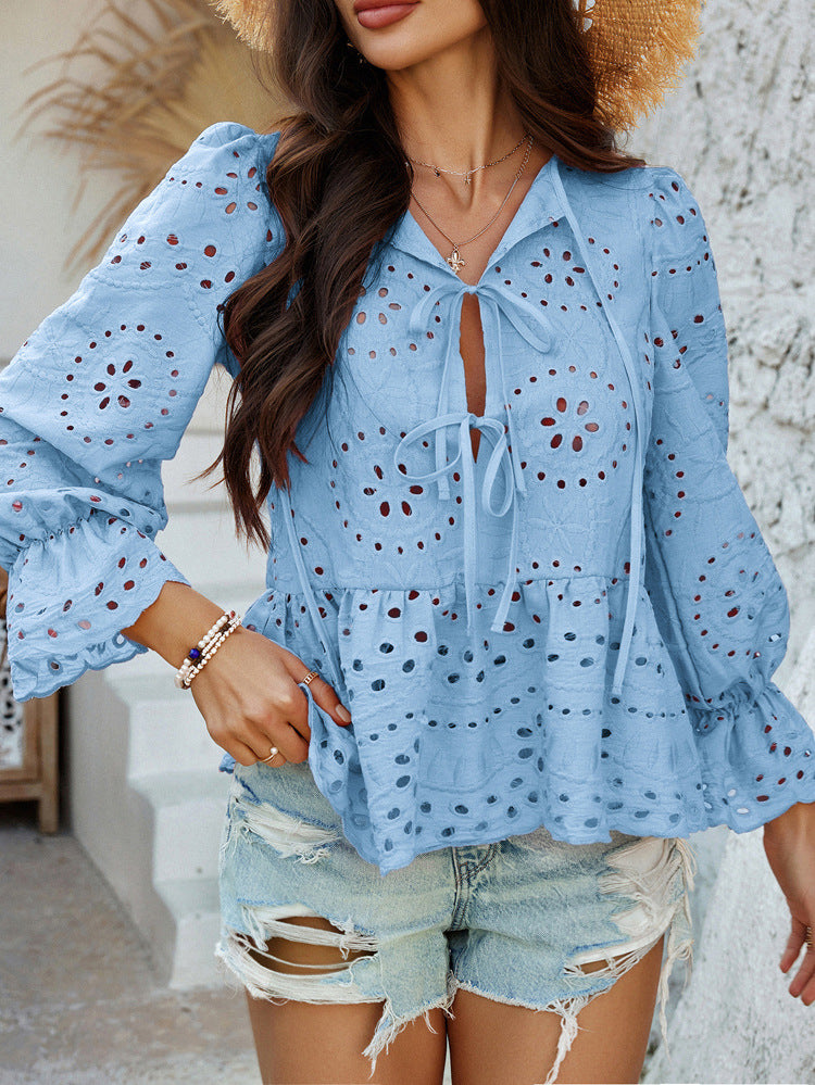 Casual Holiday Loose Lace-Up Blouse