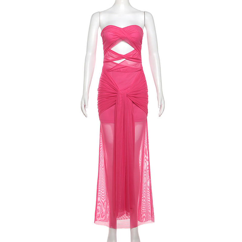 Spring Women Clothing Sexy Tube Top off Neck See through Tied Slim Fit Dress for Women