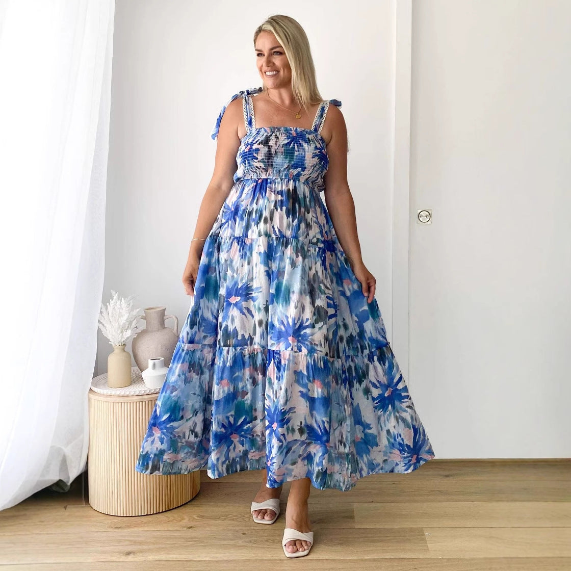 Floral Smocked Slit Maxi Dress