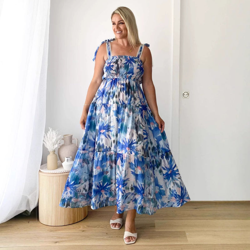 Floral Smocked Slit Maxi Dress