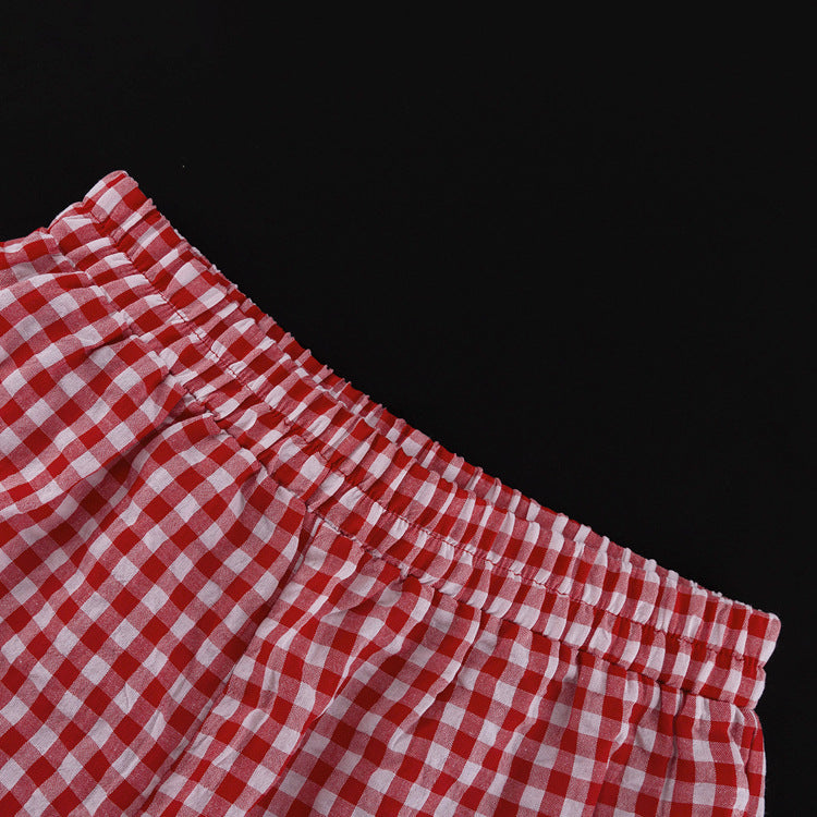 Plaid Lace-Up Top & Wide-Leg Pants Pajamas Set
