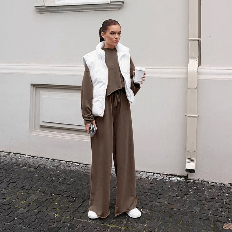 Autumn Winter Retro Sense Brown Knitted Loose round Neck Long Sleeve Not Brushed Hoody Lace up Trousers Women