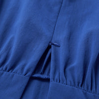 French Vacation Blue Cotton-Linen V-Neck Backless Dress