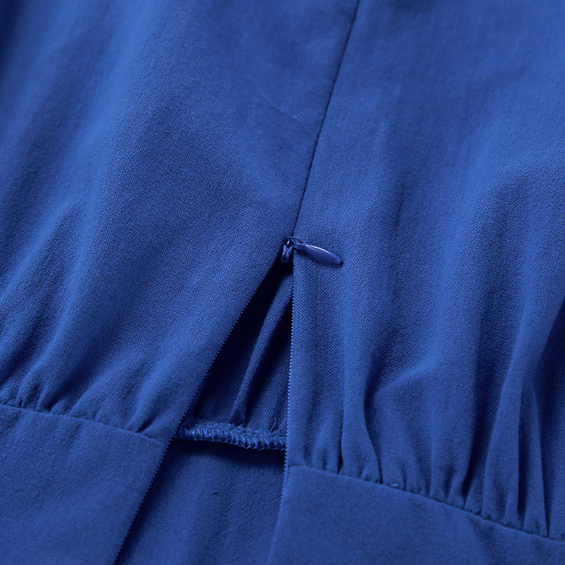 French Vacation Blue Cotton-Linen V-Neck Backless Dress