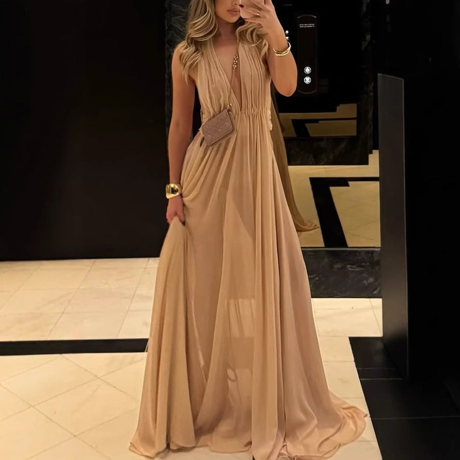 Summer Deep V Plunge neck Long Evening Dress Pleated Halter Backless Dress Women