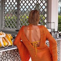 Knitted Loose Bat Sleeve Sexy Backless Beach Bikini Cutout Blouse Dress Women Crochet hook