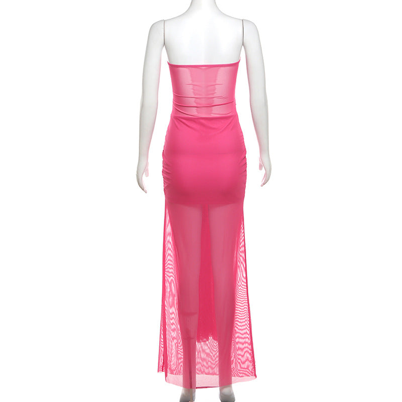 Spring Women Clothing Sexy Tube Top off Neck See through Tied Slim Fit Dress for Women