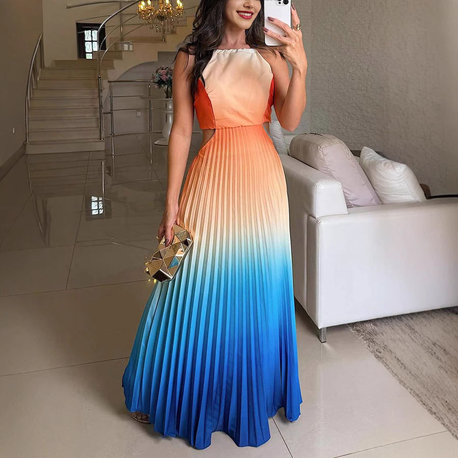 Gradient Pleated Backless Maxi Dress