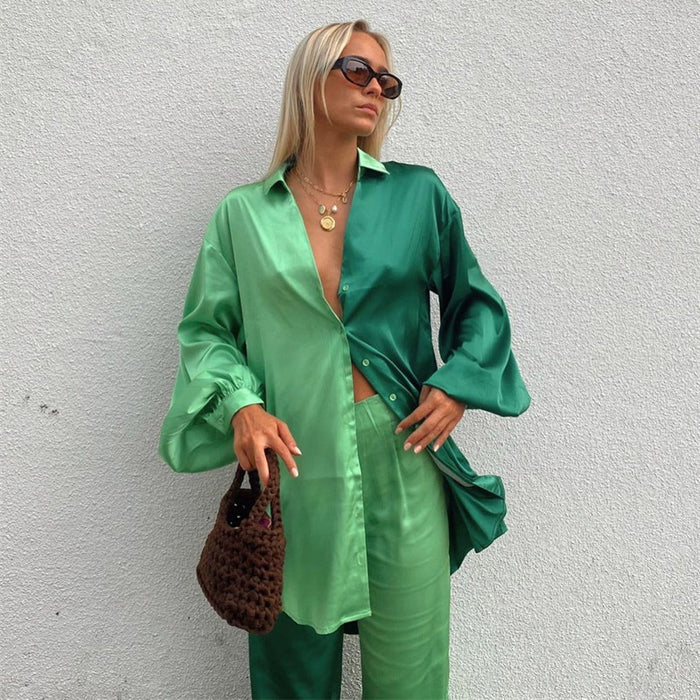 Colorblock Satin Oversized Shirt &amp; Pants Set