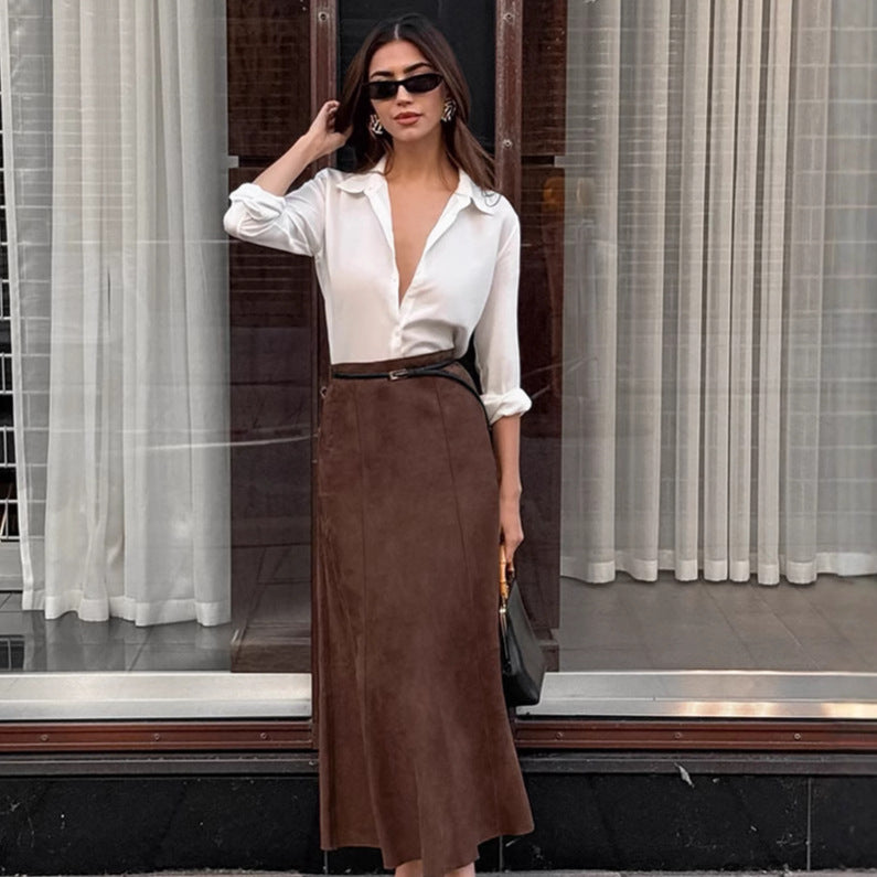 Vintage-Inspired Brushed Velvet Maxi Straight Skirt