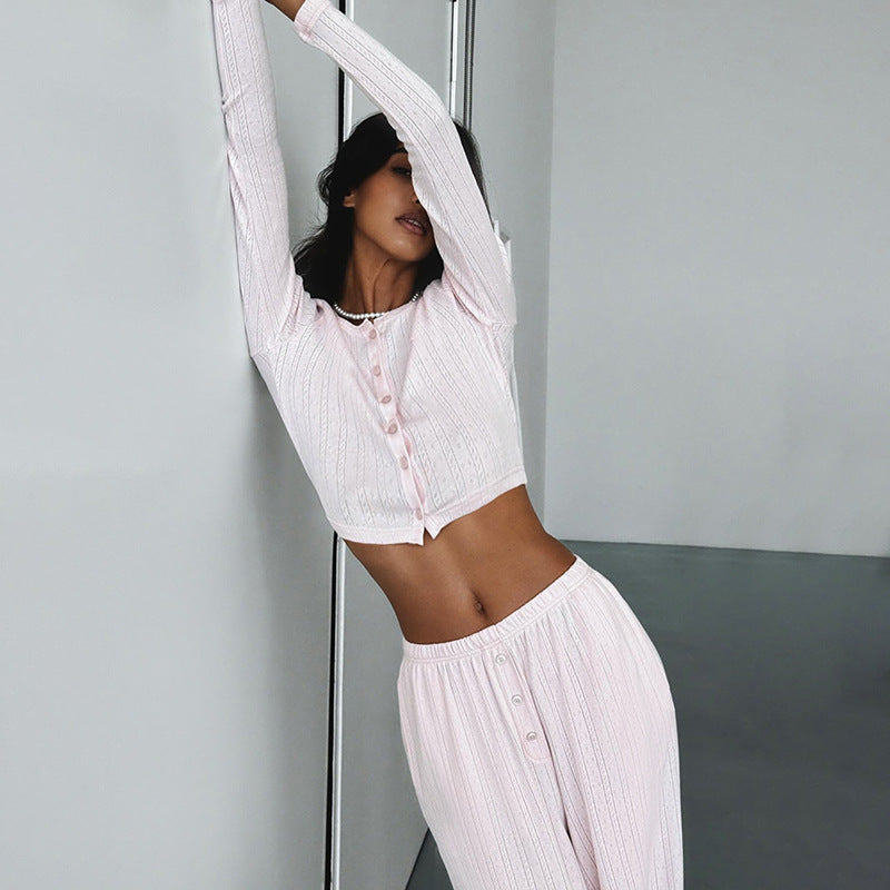 Casual Knitted Button-Up Long Sleeve Pajama Set