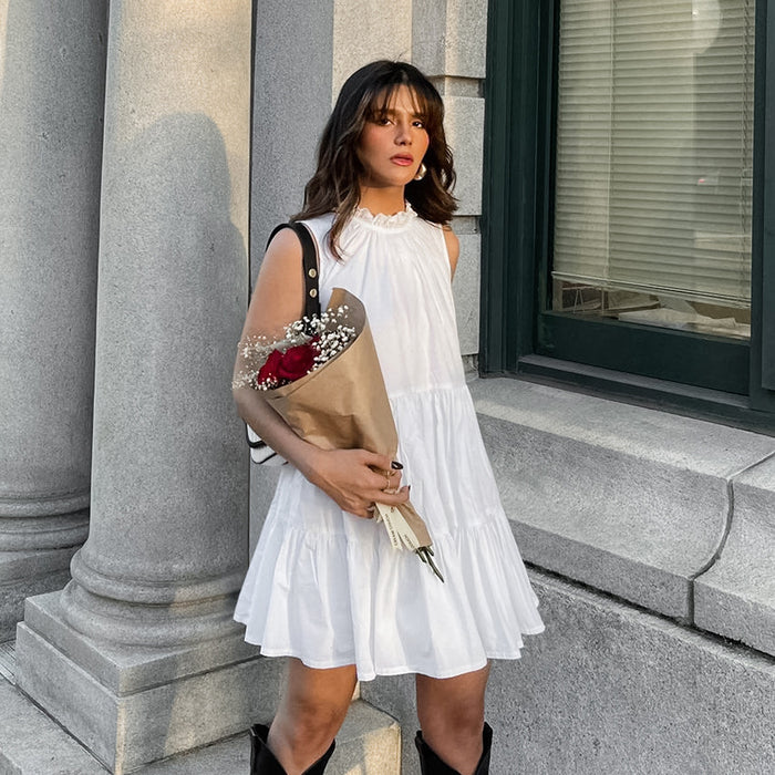 White Bow Lace-Up Elegant Loose Short Dress