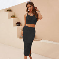 Sleeveless Knit Vest &amp; Slit Skirt Two-Piece Set