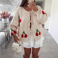 Strawberry Cherry Tie-Front Knitted Cardigan
