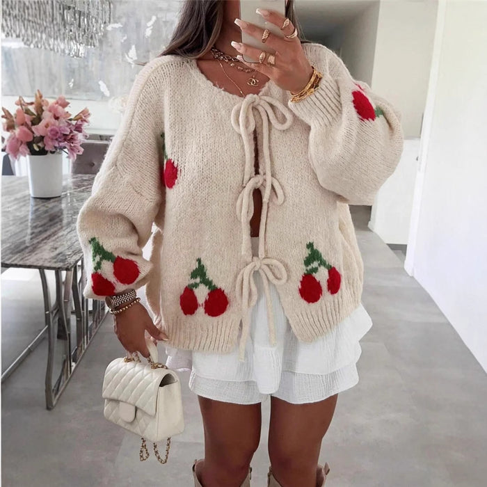 Strawberry Cherry Tie-Front Knitted Cardigan