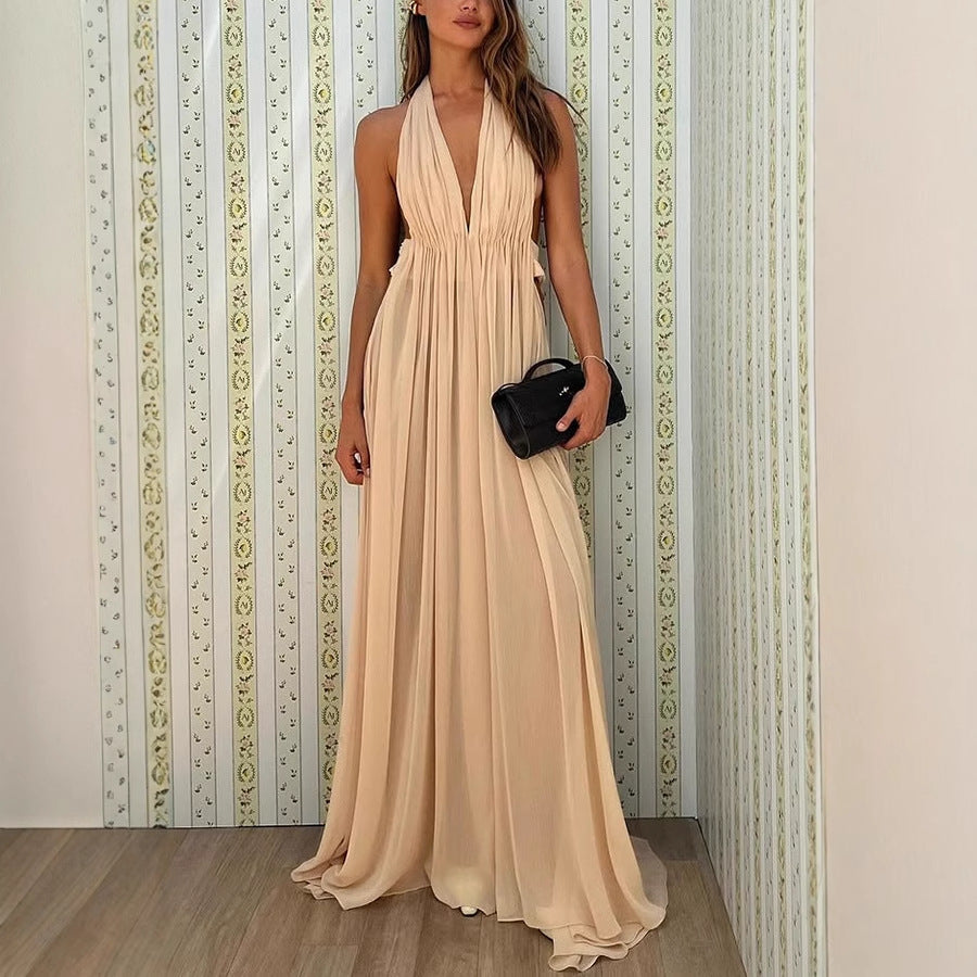Summer Deep V Plunge neck Long Evening Dress Pleated Halter Backless Dress Women
