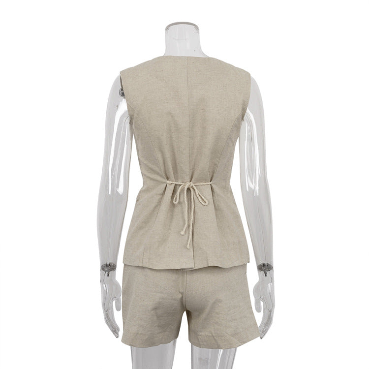 Cotton Linen Sleeveless Waistcoat & Shorts Set