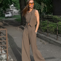 Casual Khaki Elegant Sleeveless Vest &amp; Trousers