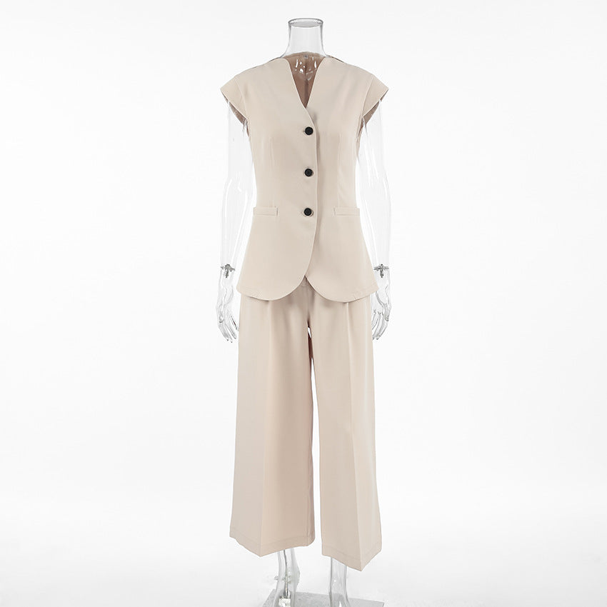 Khaki Retro V-Neck Outfit sets