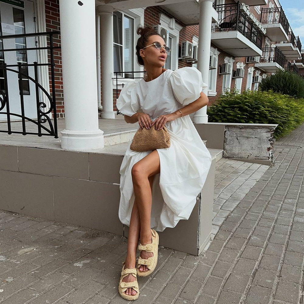 Cotton Puff Sleeve Long Dress