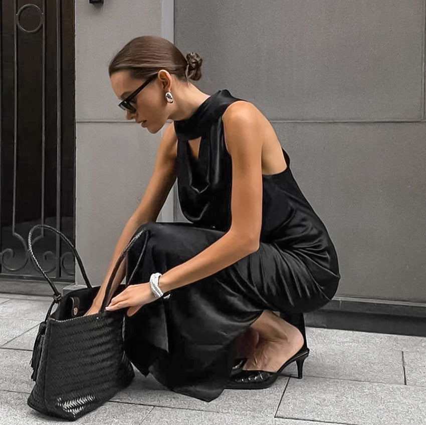 Black Matte Satin Off-Shoulder Midi Dress