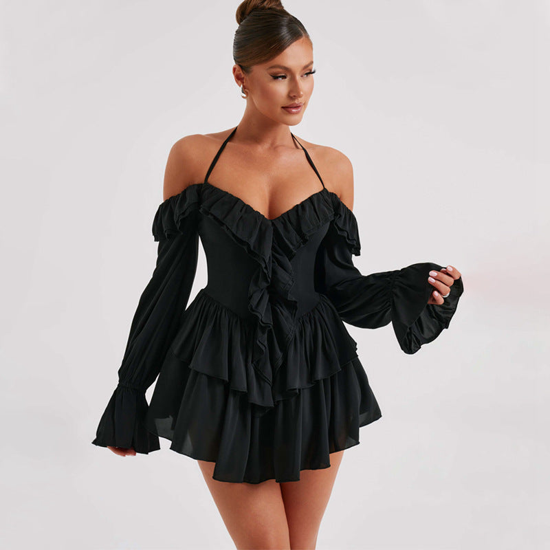 Backless Ruffled Halter Long Sleeve Romper