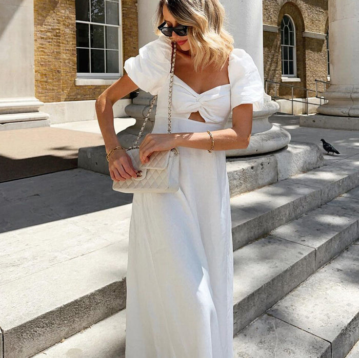French Design Square Collar Slimming Puff Sleeve A-Line Dress