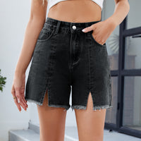 Washed Denim Frayed Hem Shorts