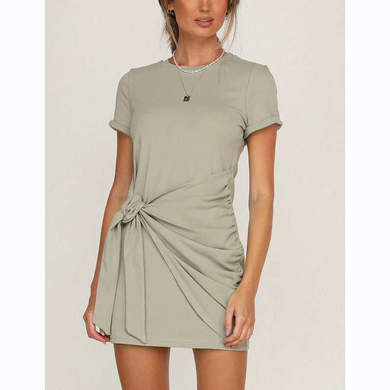 Casual Trends Personality Lower Hem with Lace Solid Color Short Sleeve Dress