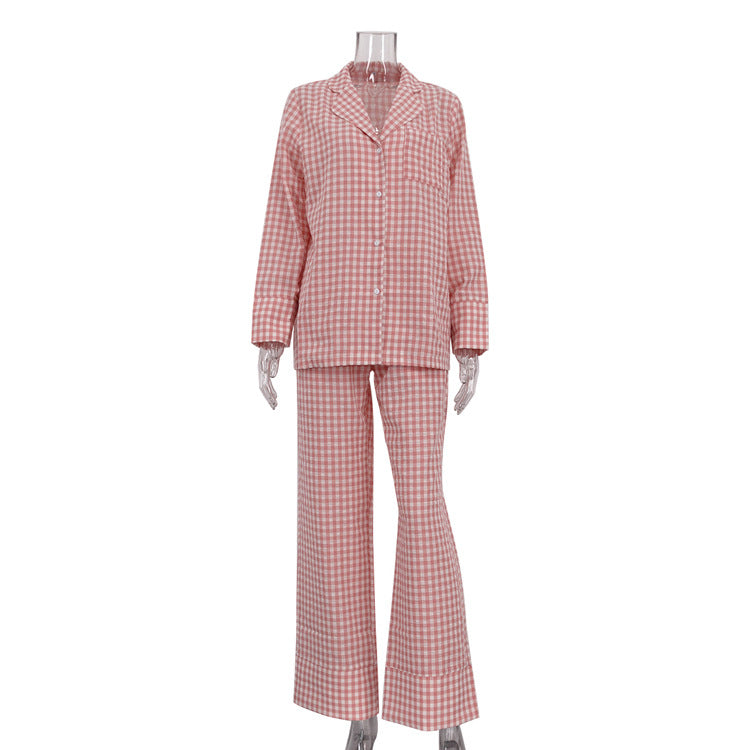 Comfort Casual Pattern Women Collared Long Sleeve Shirt Loose Wide Leg Pants Two Piece Sets