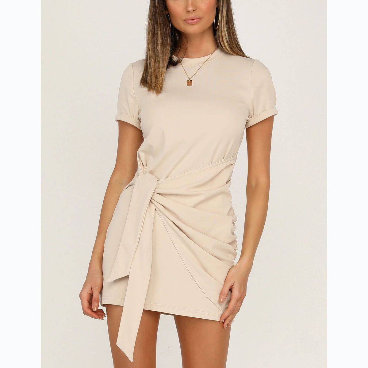 Casual Trends Personality Lower Hem with Lace Solid Color Short Sleeve Dress