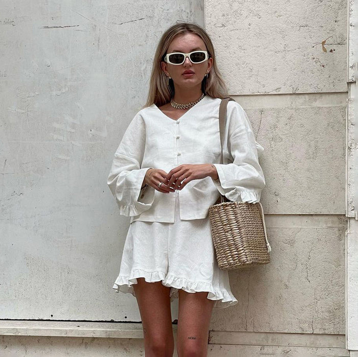 Beige Long Sleeve Shirt &amp; High Waist Shorts Two-Piece Set