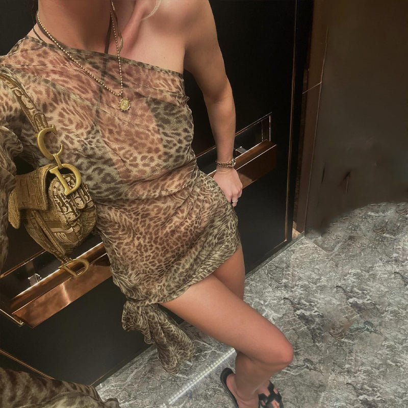 Leopard Print See-Through Long Dress