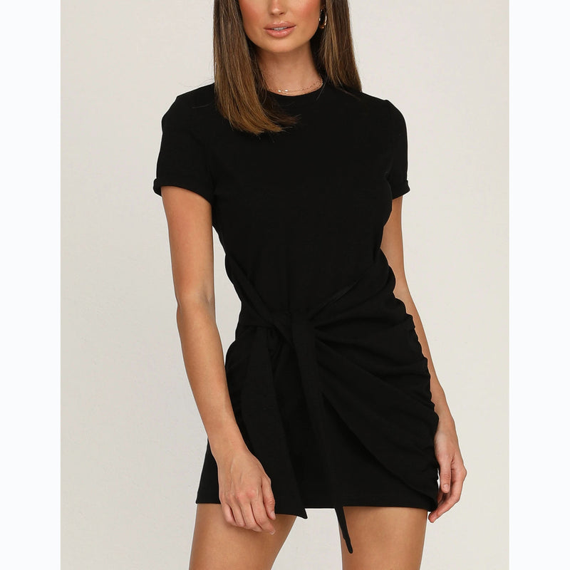 Casual Trends Personality Lower Hem with Lace Solid Color Short Sleeve Dress