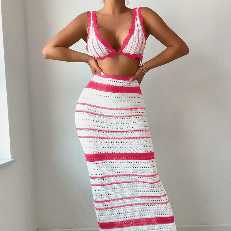 Striped Texture Vacation Casual Sexy Beach Bikini Skirt Two-Piece Set
