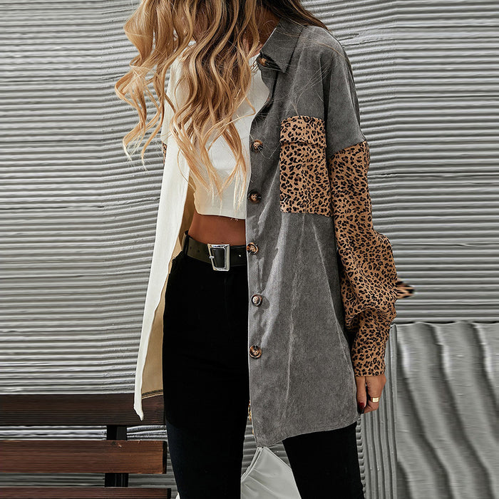 Gray Color Block Leopard Patch Corduroy Jacket