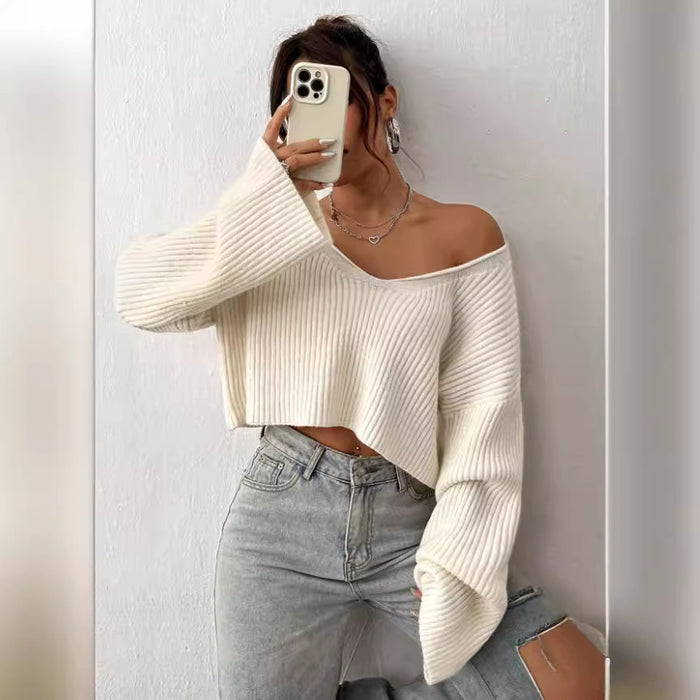 Loose-Fit V-Neck Cropped Ribbed Knit Sweater
