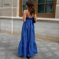 French Vacation Blue Cotton-Linen V-Neck Backless Dress