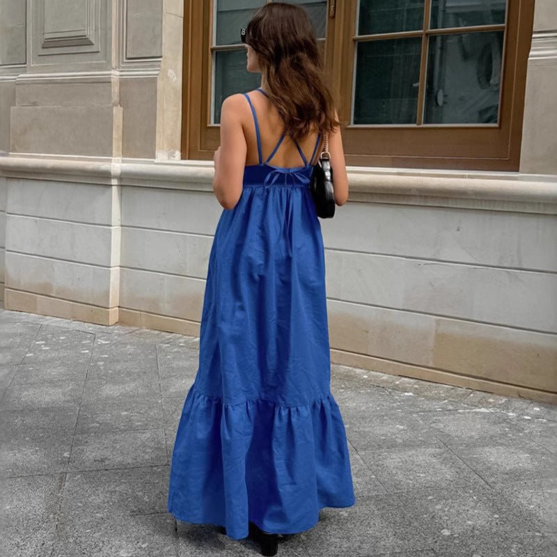 French Vacation Blue Cotton-Linen V-Neck Backless Dress
