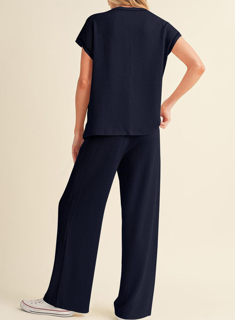 3/4 Sleeve Shirt &amp; Wide-Leg Pants Two-Piece Set