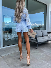 Lace Trimmed Stand Collar Shorts Suit