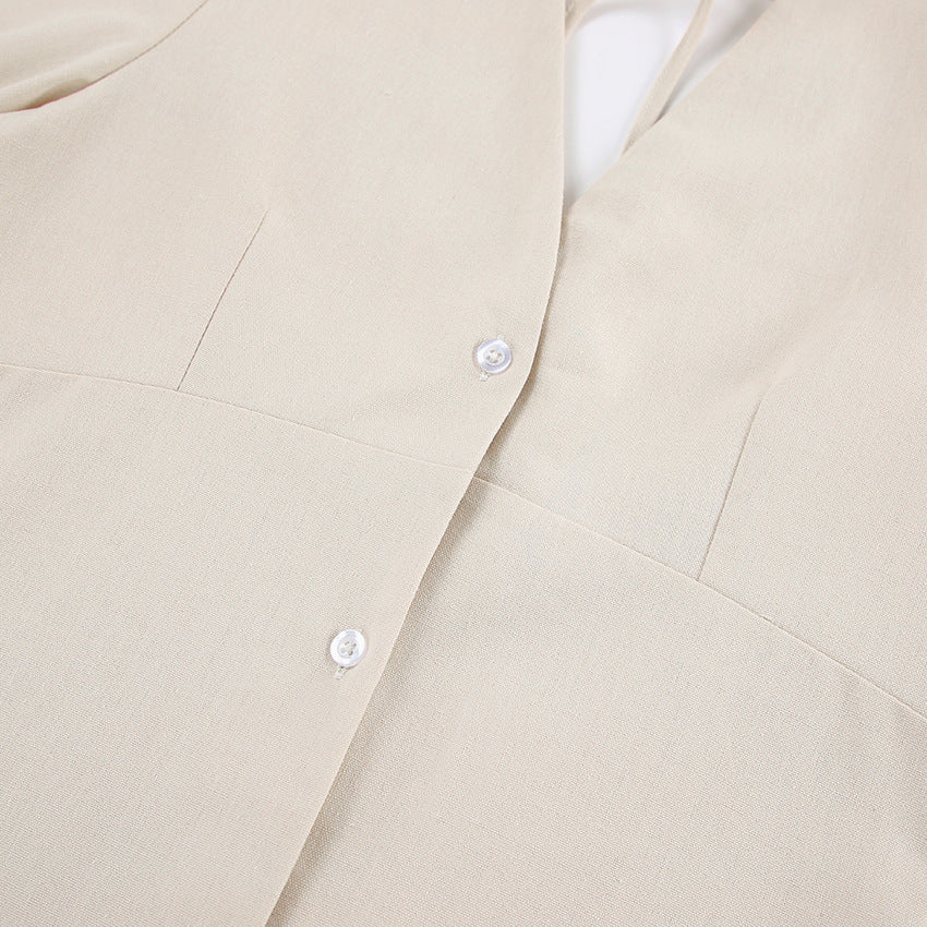 French Beige Cotton Linen Puff Sleeve Dress
