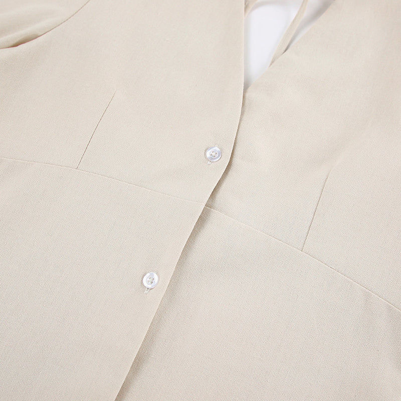 French Beige Cotton Linen Puff Sleeve Dress