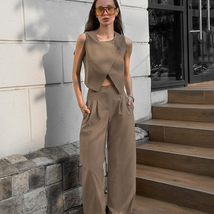 Casual Khaki Elegant Sleeveless Vest &amp; Trousers