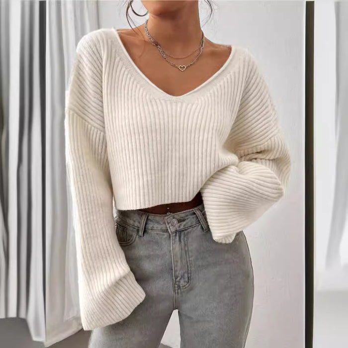 Loose-Fit V-Neck Cropped Ribbed Knit Sweater